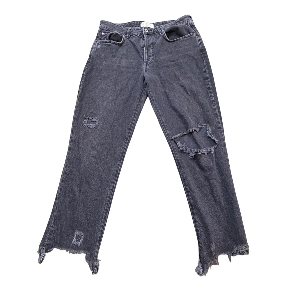We The Free People Distressed Straight Leg Jeans Black Button Fly Size 30